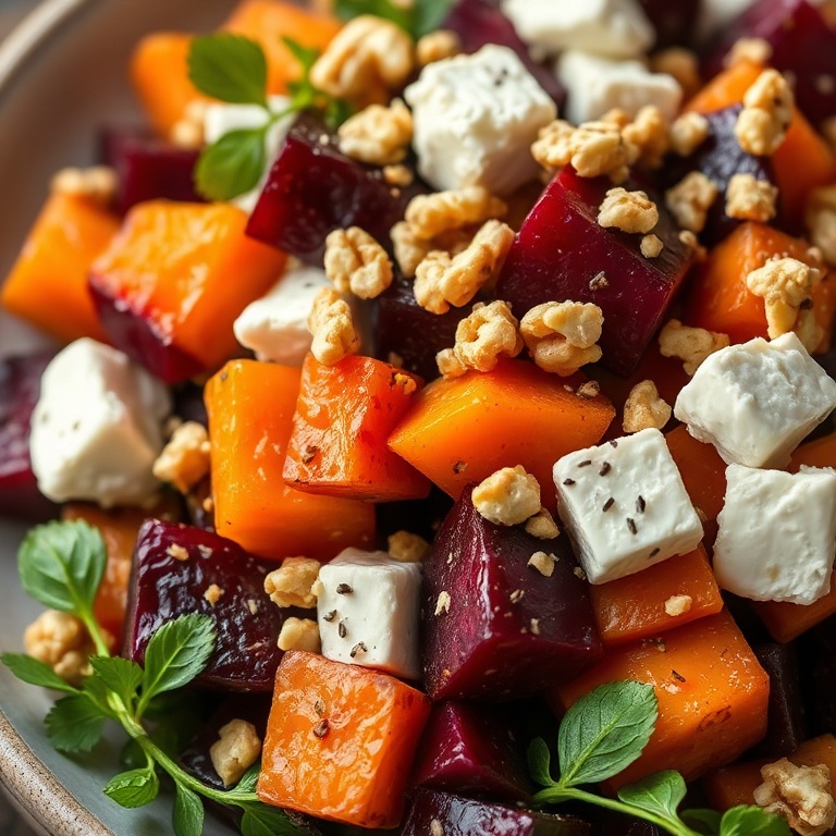 Roasted beet and sweet potato salad with feta and walnuts. Garnished with chopped walnuts. Close crop, food fills 90% of frame. Warm side lighting highlighting texture. Photorealistic food photography. No text. No watermark.