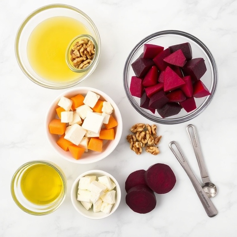 Raw ingredients for roasted beet and sweet potato salad. Beets, sweet potatoes, feta cheese, walnuts, and olive oil. Prep bowls, measuring spoons, and cups. White marble surface. Bright even light. Photorealistic overhead food photography. No text. No watermark.
