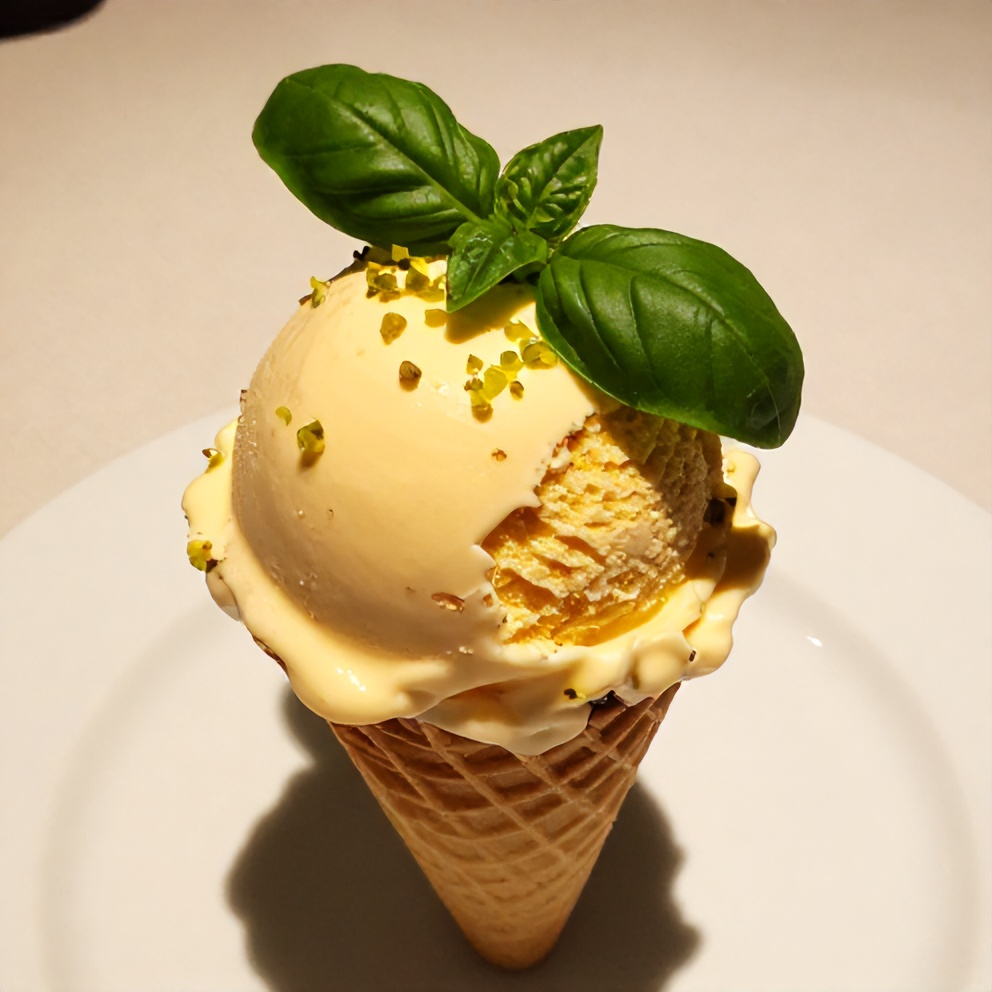 Scoop of Roasted Strawberry Basil Ice Cream on a Cone