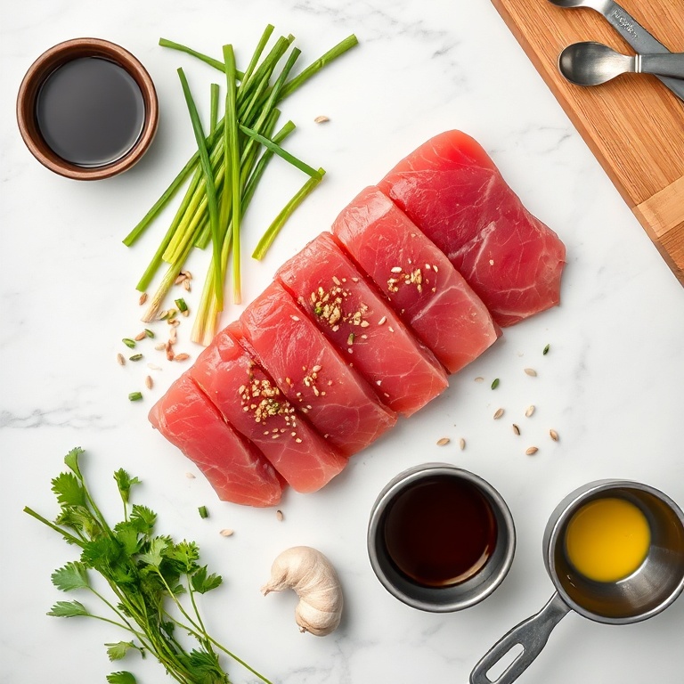 Overhead flat lay of ahi tuna, soy sauce, ginger, garlic, scallions, sesame seeds, sesame oil, lime