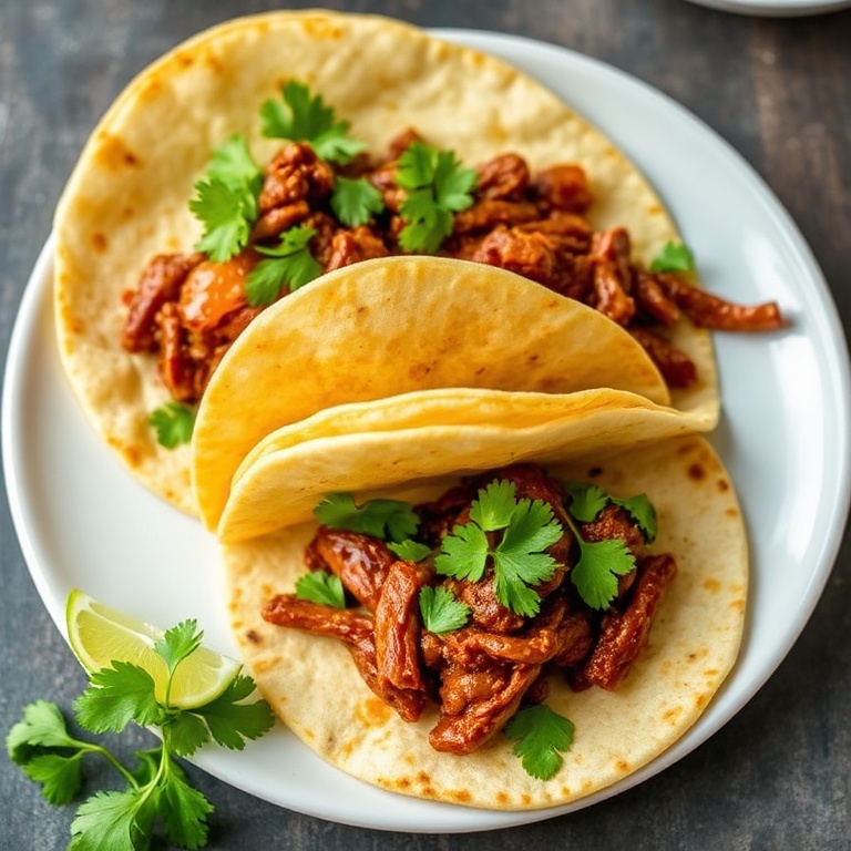 Perfectly plated chipotle beef tacos with fresh cilantro and lime. Tortillas are golden and crispy.