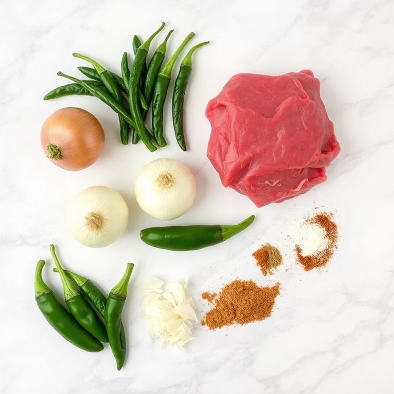 Raw ingredients for slow cooker chipotle beef tacos. Beef, chipotle peppers, onion, garlic, and seasonings arranged on a white marble surface.