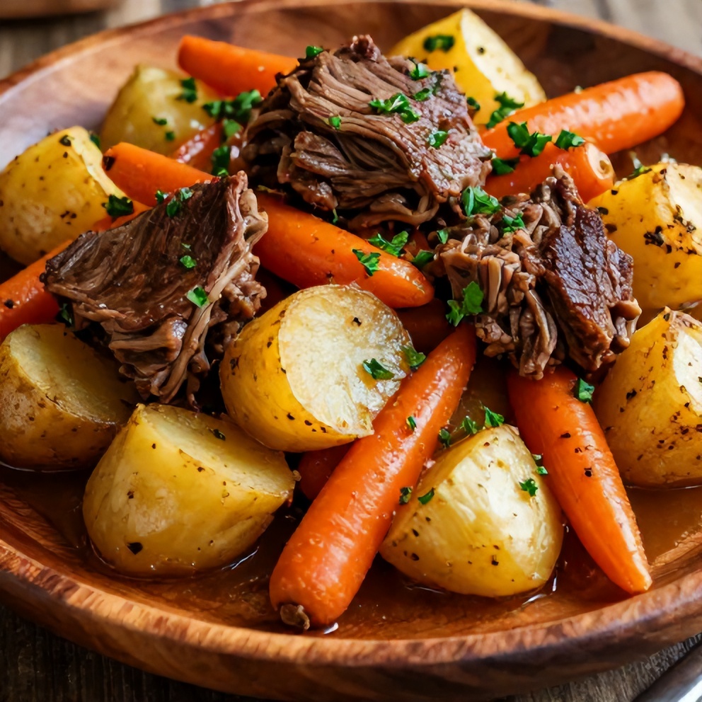 Plated Slow Cooker Chuck Roast with Potatoes and Carrots
