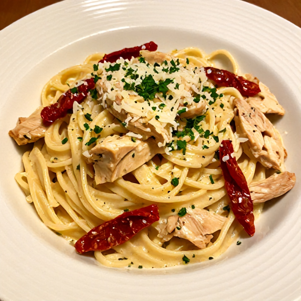 Plated serving of Creamy Chicken Pasta with Sun-Dried Tomatoes