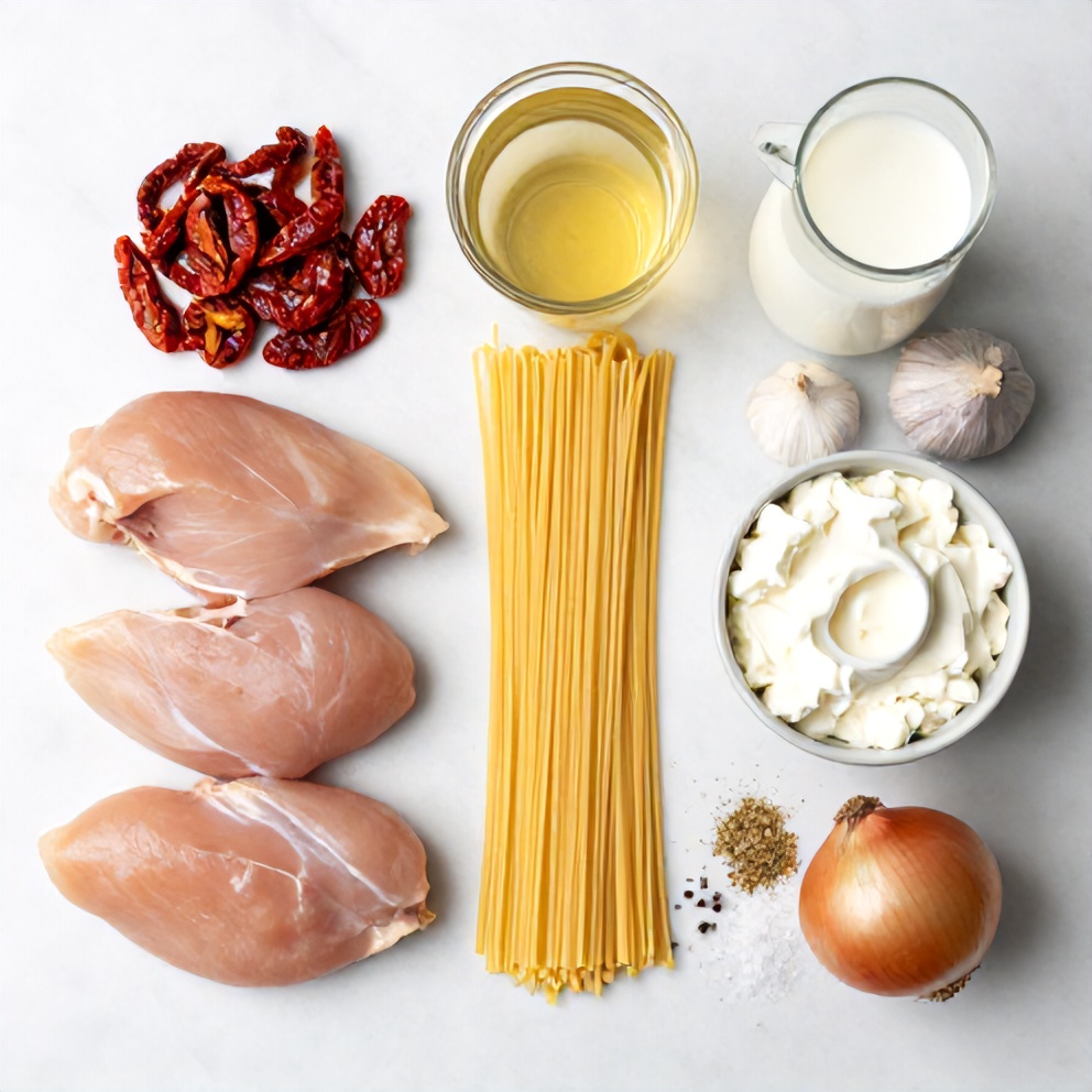 Raw ingredients for Creamy Chicken Pasta with Sun-Dried Tomatoes in the Slow Cooker
