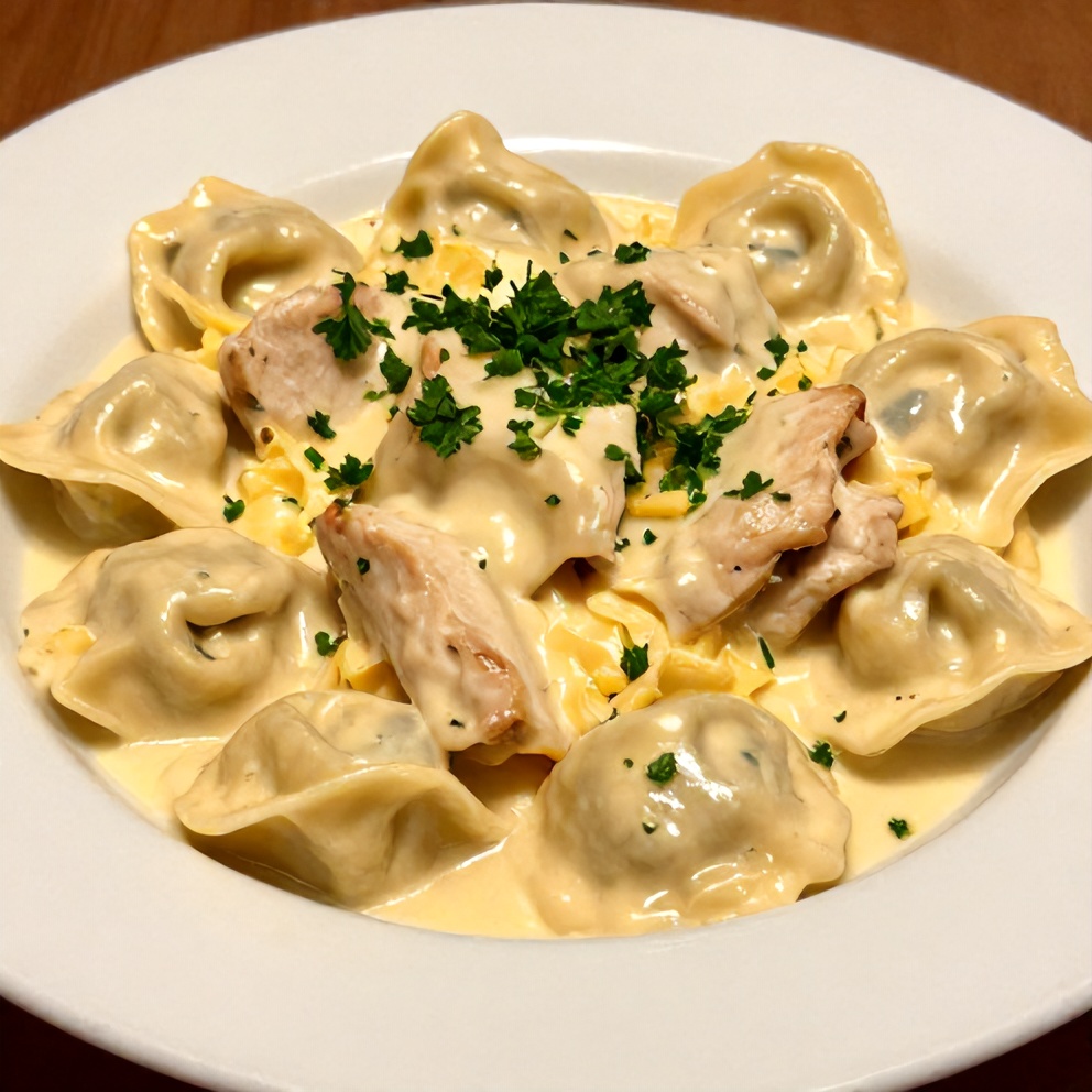 Plated creamy chicken tortellini with parsley garnish