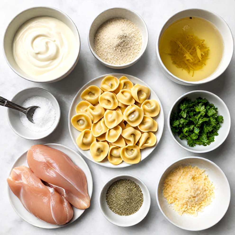 Raw ingredients for creamy chicken tortellini