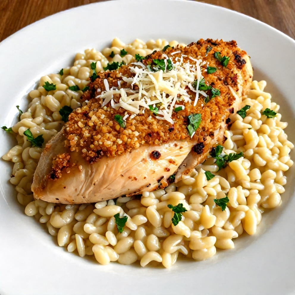 Parmesan Herb Chicken with Creamy Orzo plated