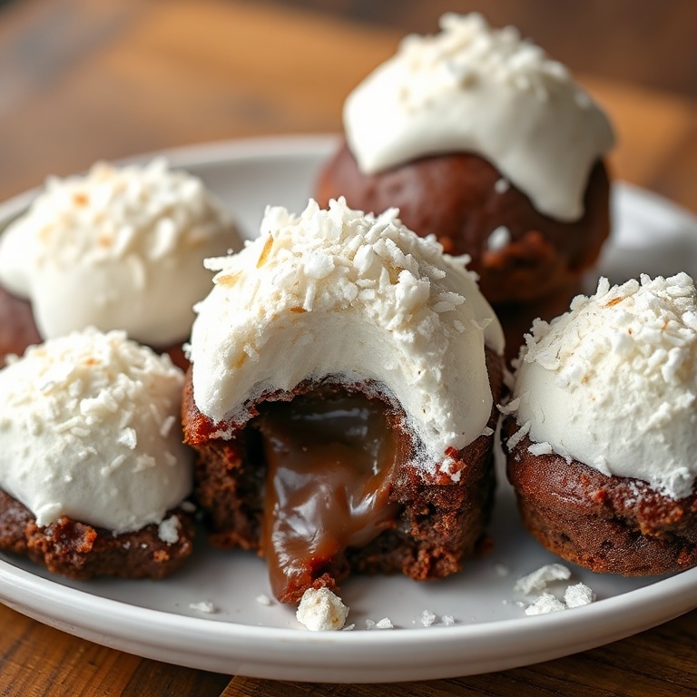 Plated Sno Ball Brownies with marshmallow topping and coconut. Gooey center with crispy edges. Garnished with a sprinkle of coconut.