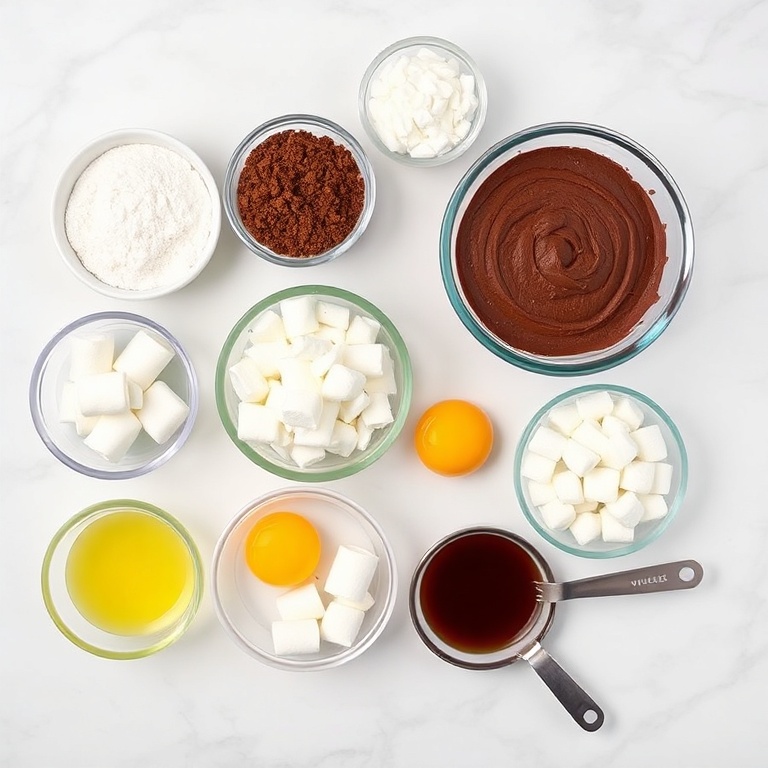 All ingredients for Sno Ball Brownies. Flour, sugar, cocoa powder, coconut, marshmallows, butter, eggs, and vanilla extract arranged in a neat flat lay.