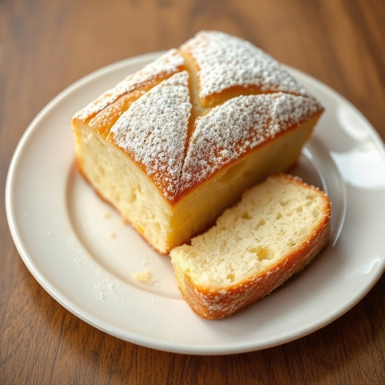 Perfectly plated soft coconut bread with a light dusting of powdered sugar. White ceramic plate. Warm lighting shows texture. Photorealistic food photography.