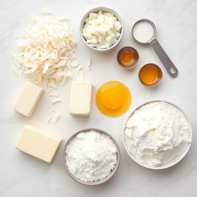 Raw ingredients for soft coconut bread. Coconut flakes, butter, eggs, flour, and sugar arranged in an overhead flat lay. Measuring spoons and cups visible. White marble surface. Bright even light.
