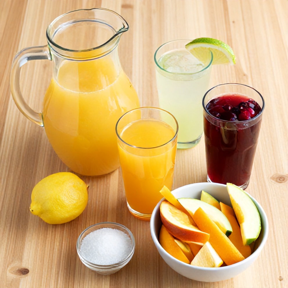 Raw ingredients for sparkling fruit punch on a wooden surface