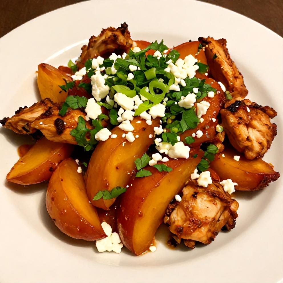 Plated Spicy Jalapeño Peach Chicken with garnish