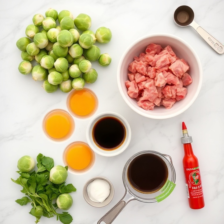 Ingredients for Spicy Pork Brussels Skillet With Eggs, Crispy and Sizzling