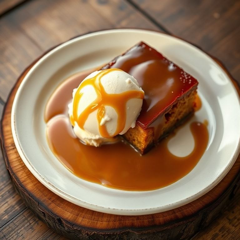 Finished sticky toffee pudding served with whipped cream and vanilla ice cream