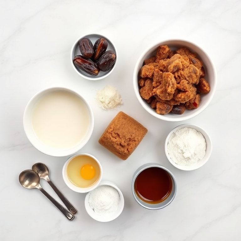 Flat lay of dates, flour, butter, milk, eggs, ginger, sugar, baking soda, salt