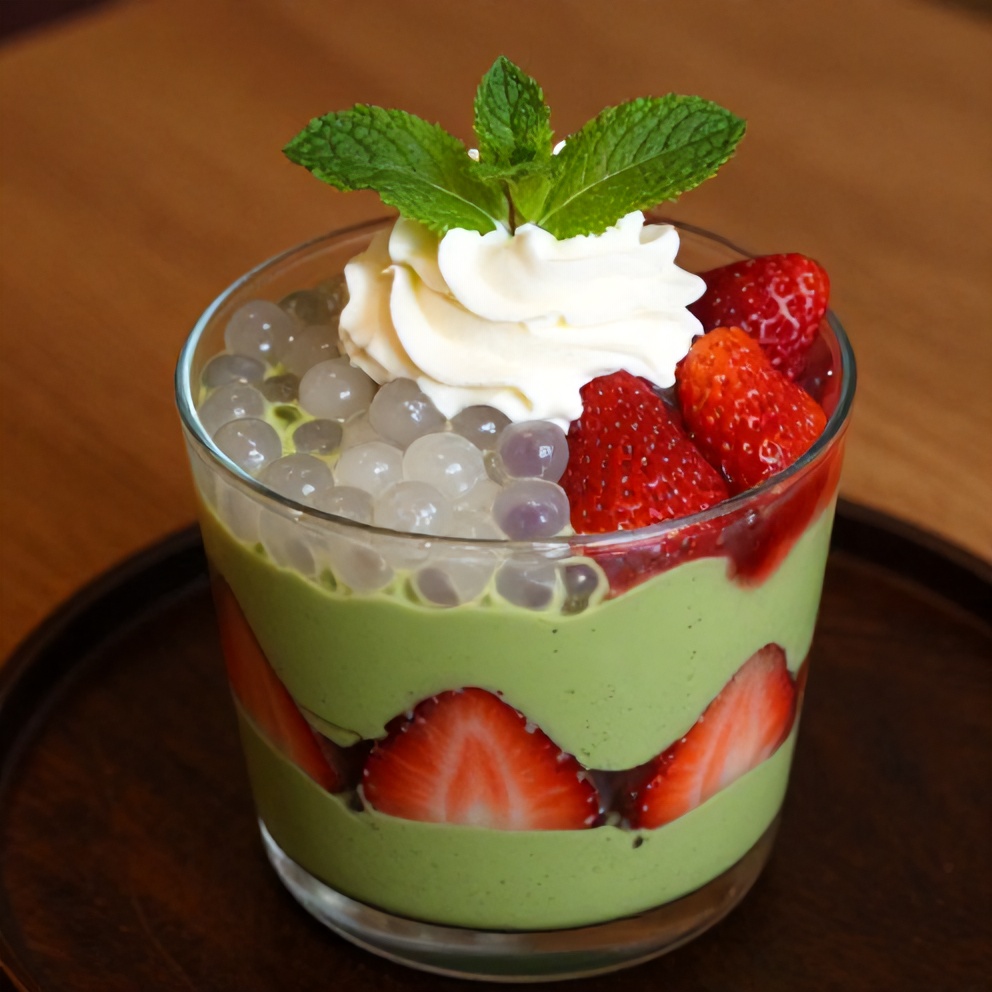 Plated Strawberry Matcha Sago Dessert