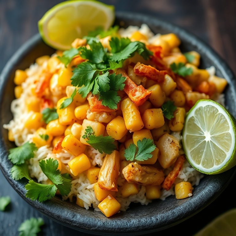 Plated Street Corn Chicken with cilantro garnish