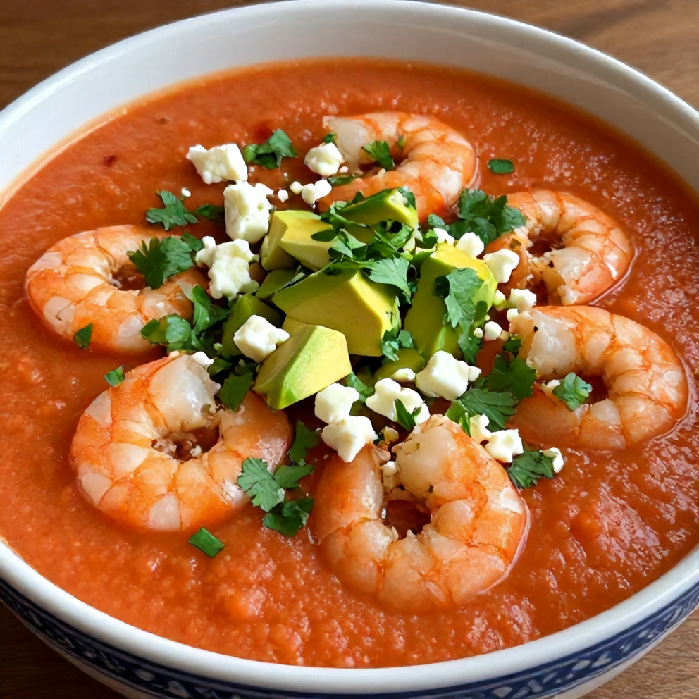Bowl of summer gazpacho with shrimp and garnish