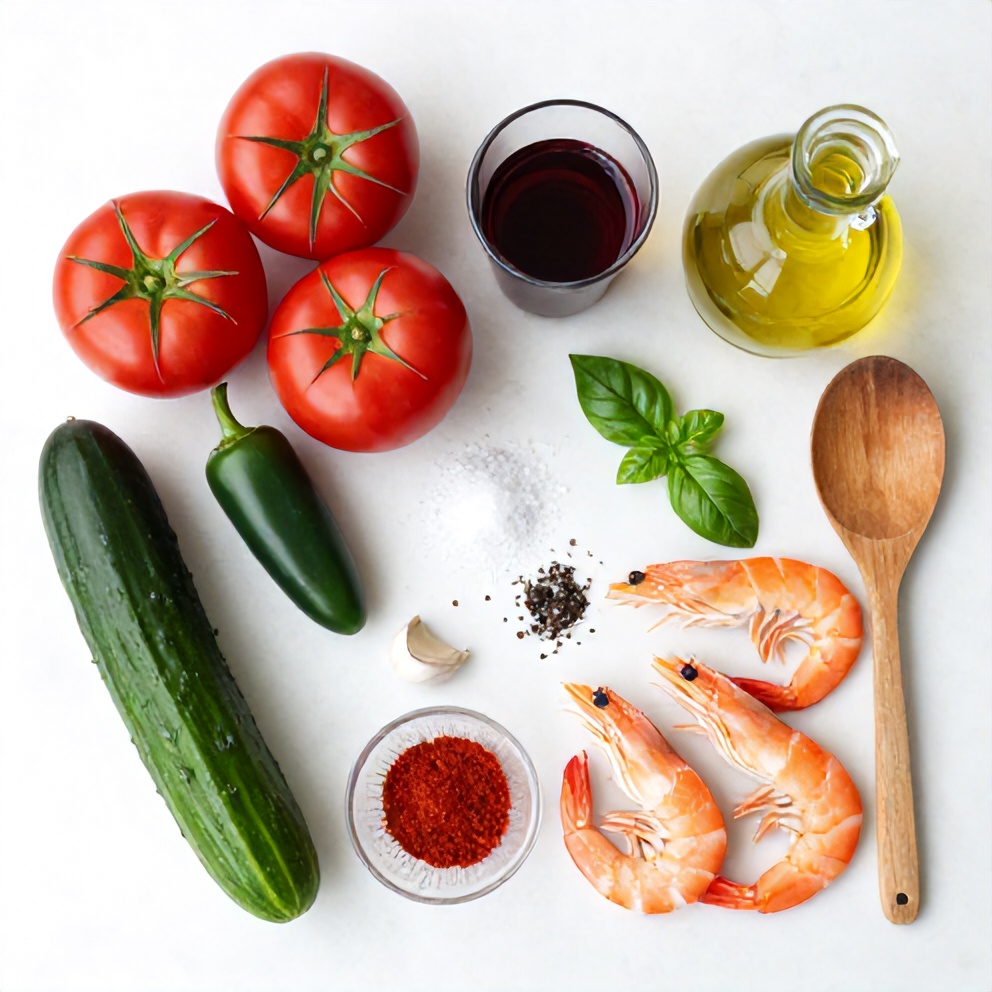 Raw ingredients for summer gazpacho with shrimp