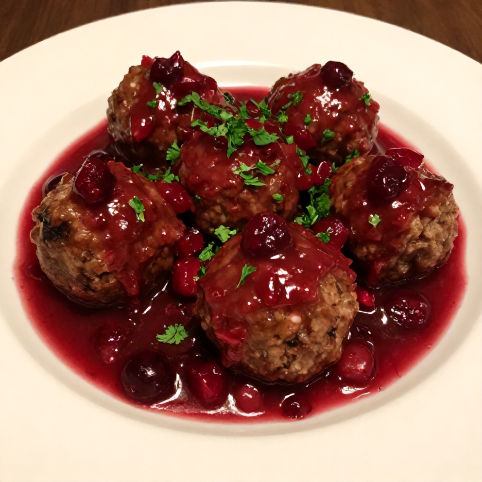 Plated Sweet and Tangy Cranberry Meatballs with garnish