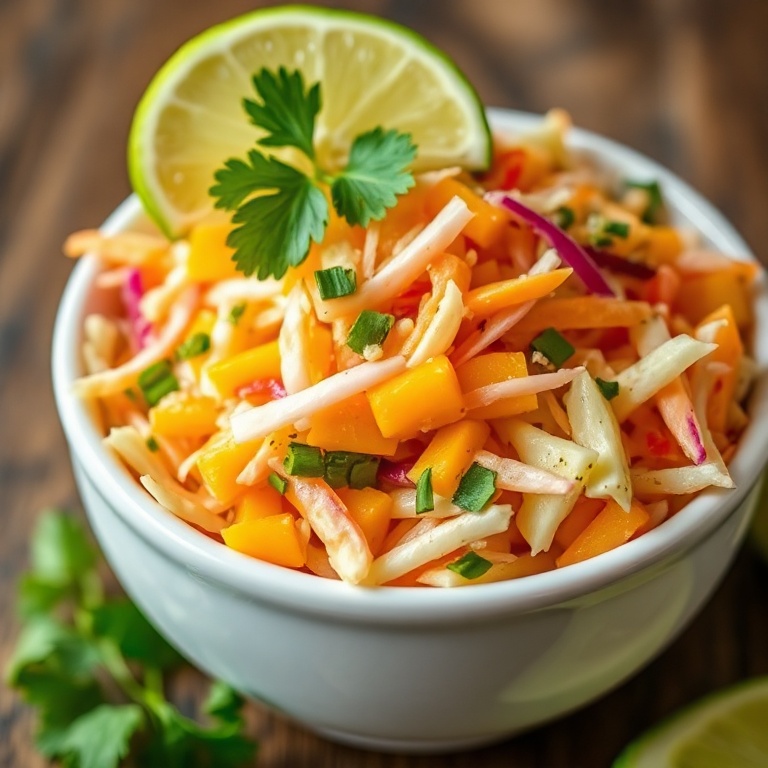 Sweet Mango Slaw in a white ceramic bowl with a lime wedge and cilantro on top