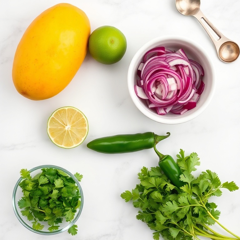 Fresh mango, lime, cilantro, red onion, and jalapeño arranged in a flat lay