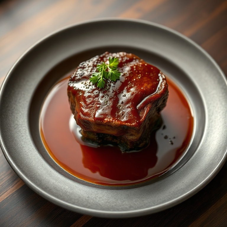 Finished Tender Balsamic Bourbon Short Ribs plated with parsley