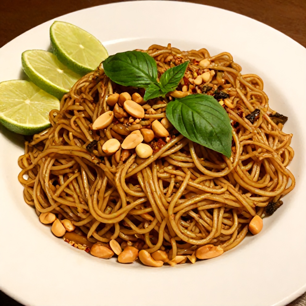 Thai Drunken Noodles plated with fresh basil