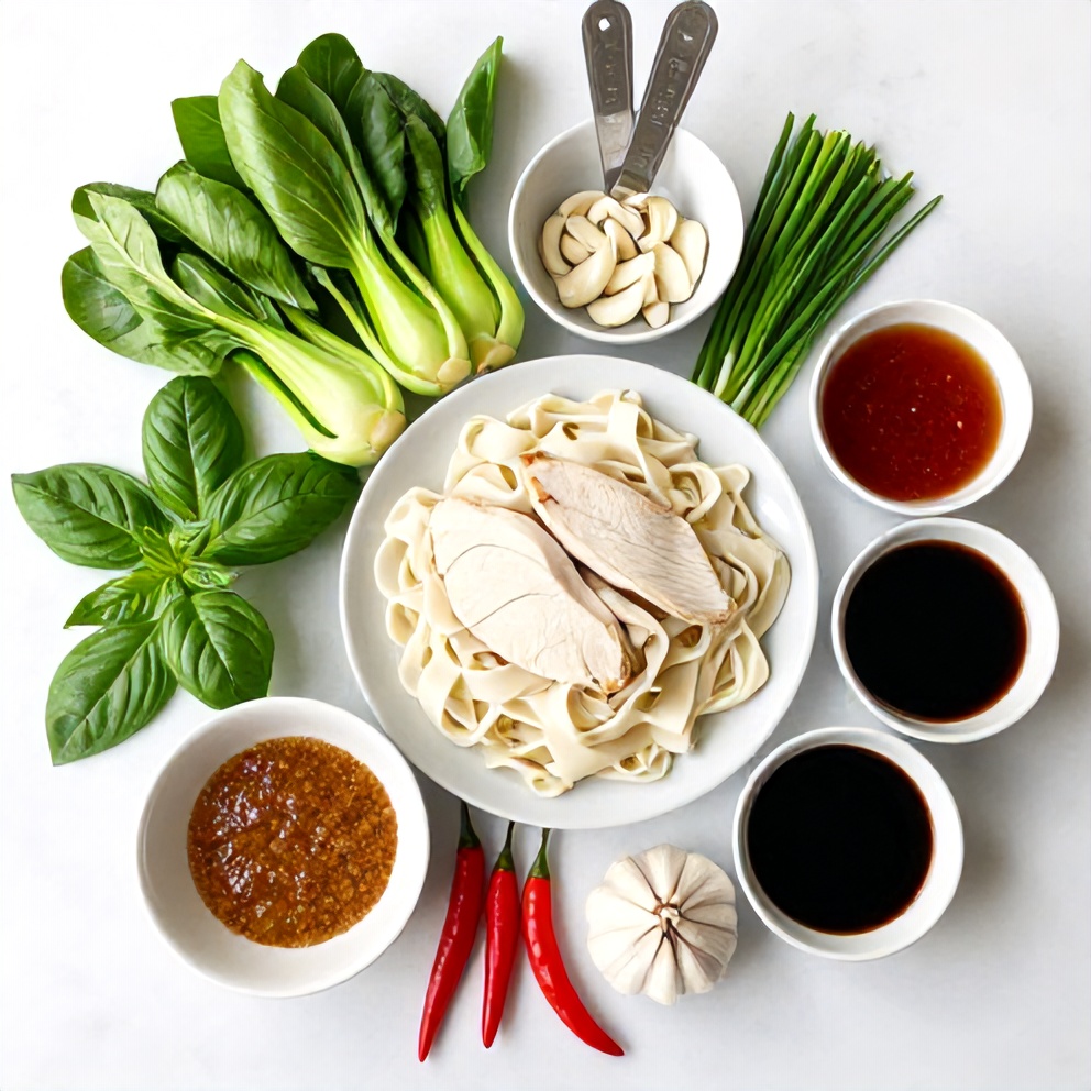 Thai Drunken Noodles ingredients flat lay