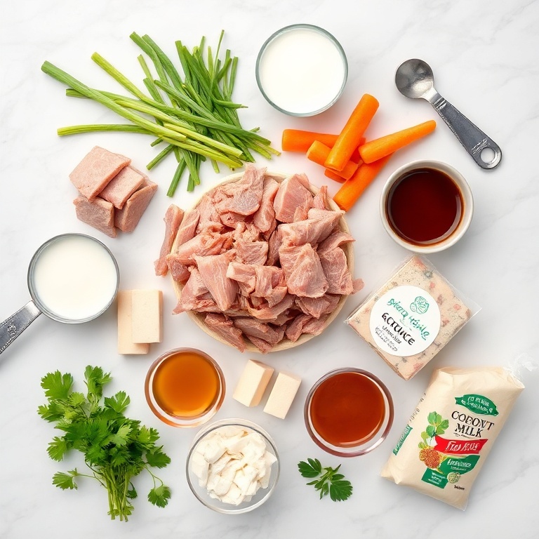 A flat lay of ground pork, green onion, coconut milk, carrots, tofu, spring roll wrappers, soy sauce, sugar, sesame oil, and curry paste arranged on a marble surface