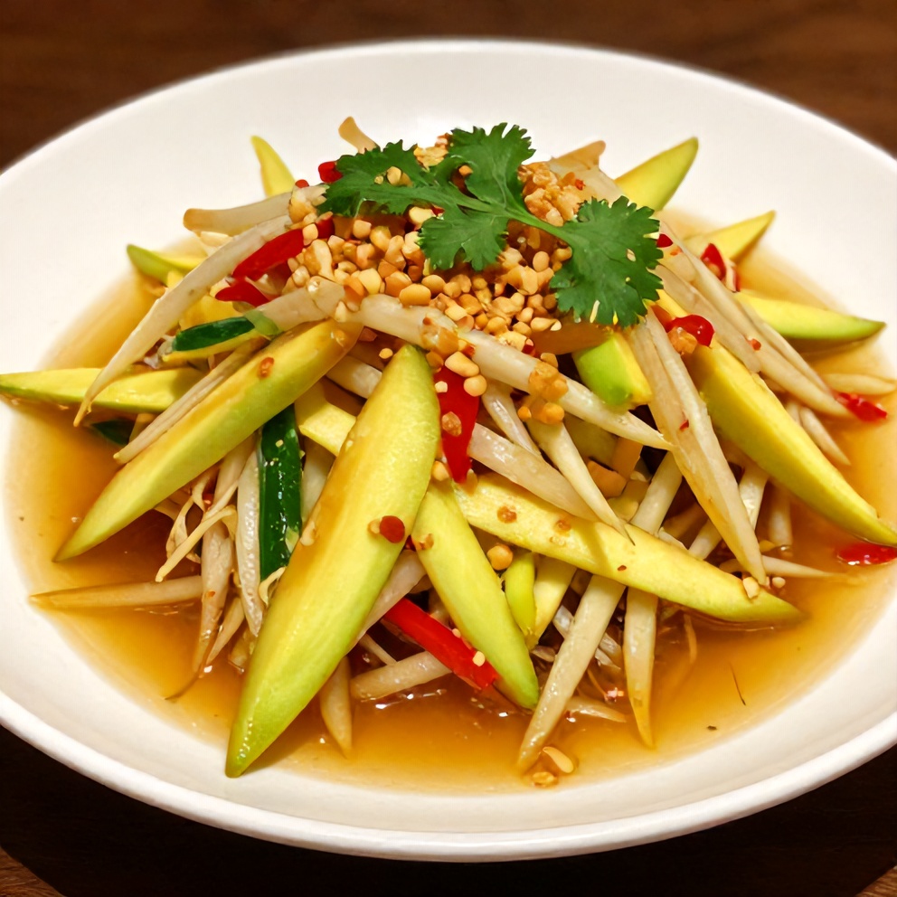 Plated Thai mango green papaya salad with chili lime dressing