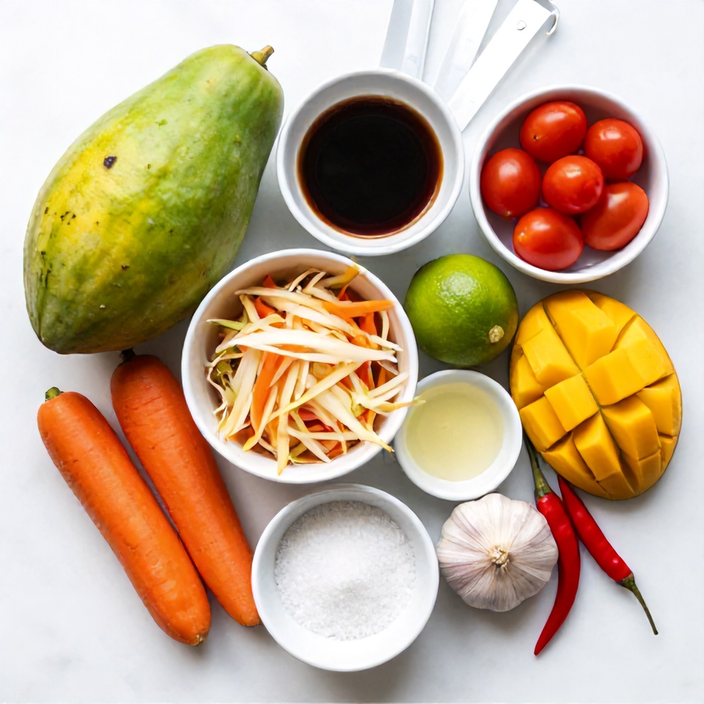 Raw ingredients for Thai mango green papaya salad