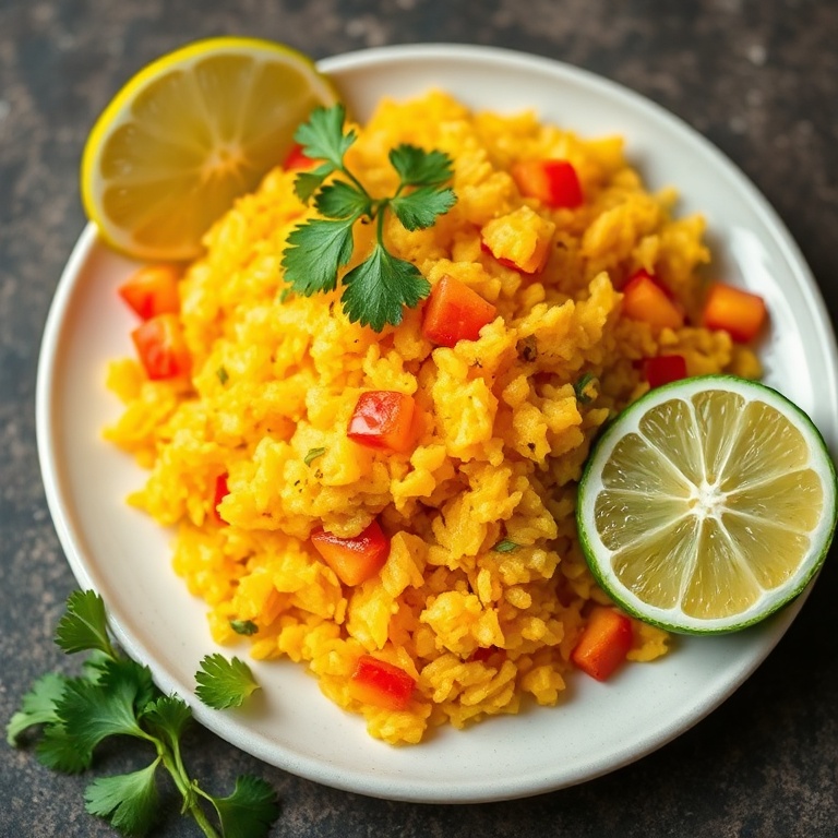 A single plate of tropical mango lime rice. Garnished with lime wedges and fresh cilantro. Bright yellow rice with red mango chunks. Warm lighting highlights the texture.