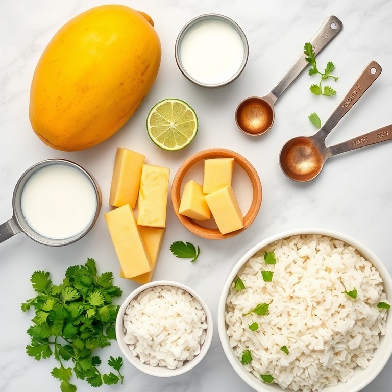 All raw ingredients for tropical mango lime rice. Fresh mango, lime, coconut milk, cilantro, and cooked rice arranged in a flat lay. Measuring spoons and bowls visible.