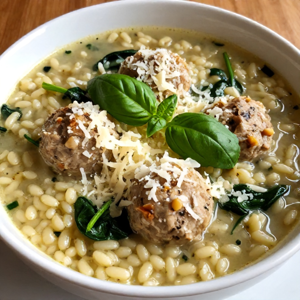 Plated Turkey Meatball Soup with Orzo and Spinach
