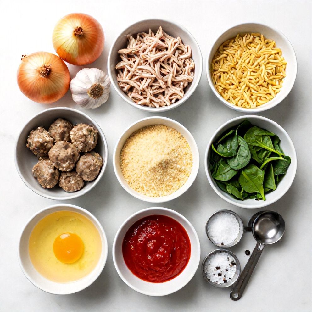 Raw ingredients for Turkey Meatball Soup with Orzo and Spinach