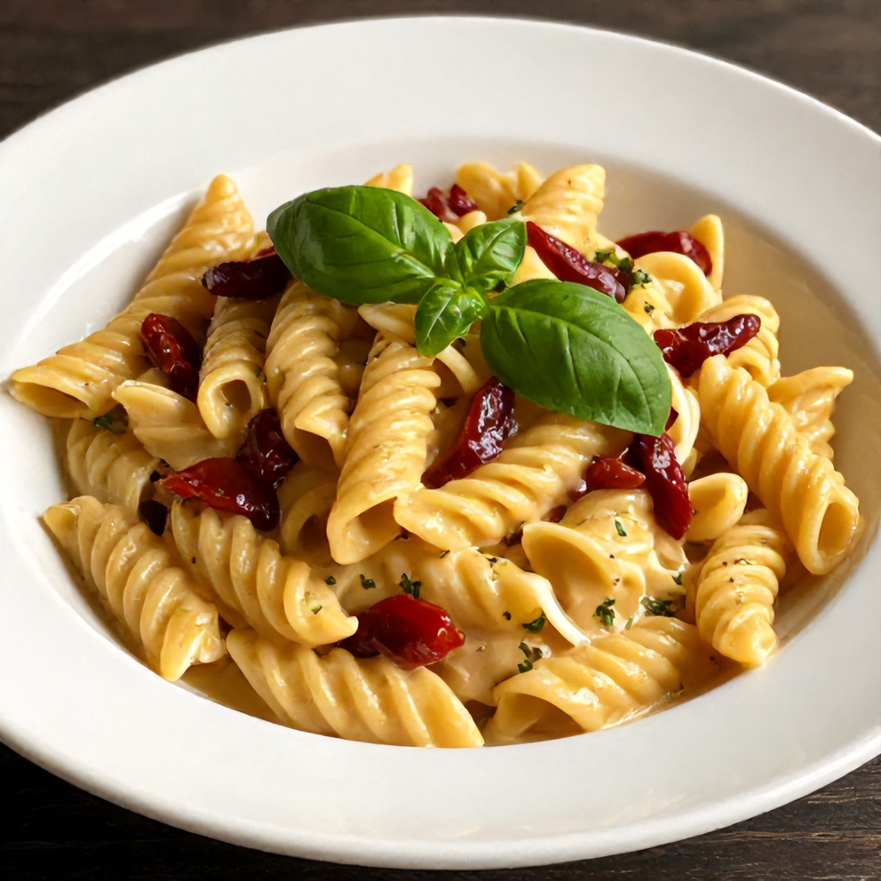 Plated vegan sun dried tomato pasta