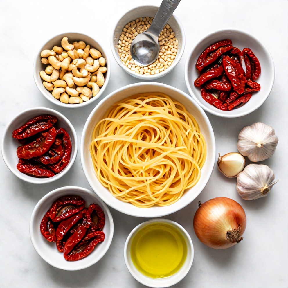 Raw ingredients for vegan sun dried tomato pasta