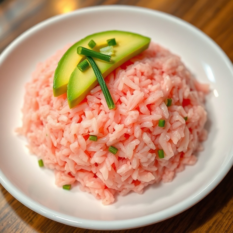 A plate of pink sushi rice with a slice of avocado and green onions. The rice is perfectly textured. A white ceramic plate is in the shot. Warm lighting shows the dish's visual appeal.