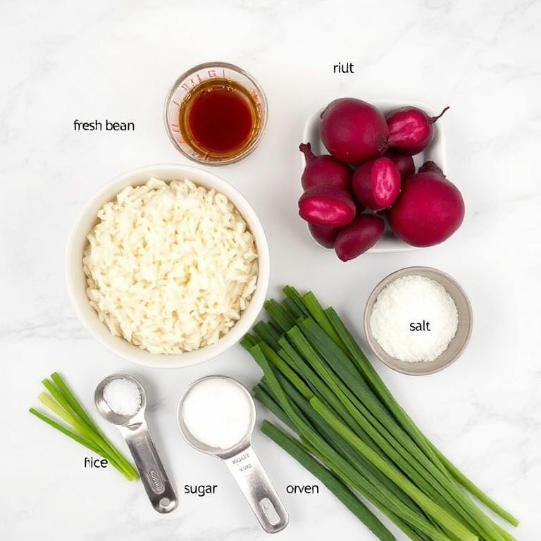 Raw ingredients for pink sushi rice. Includes short grain rice, fresh beets, rice vinegar, sugar, salt, and green onions. Measuring cups and spoons visible on a white marble surface.