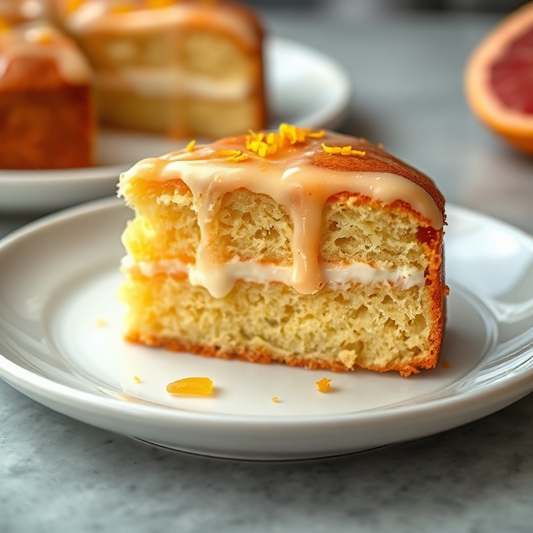 A slice of zesty grapefruit yogurt cake on a white plate, topped with a sprinkle of zest and a drizzle of glaze, close crop showing texture and layers, warm side lighting, photorealistic food photography style