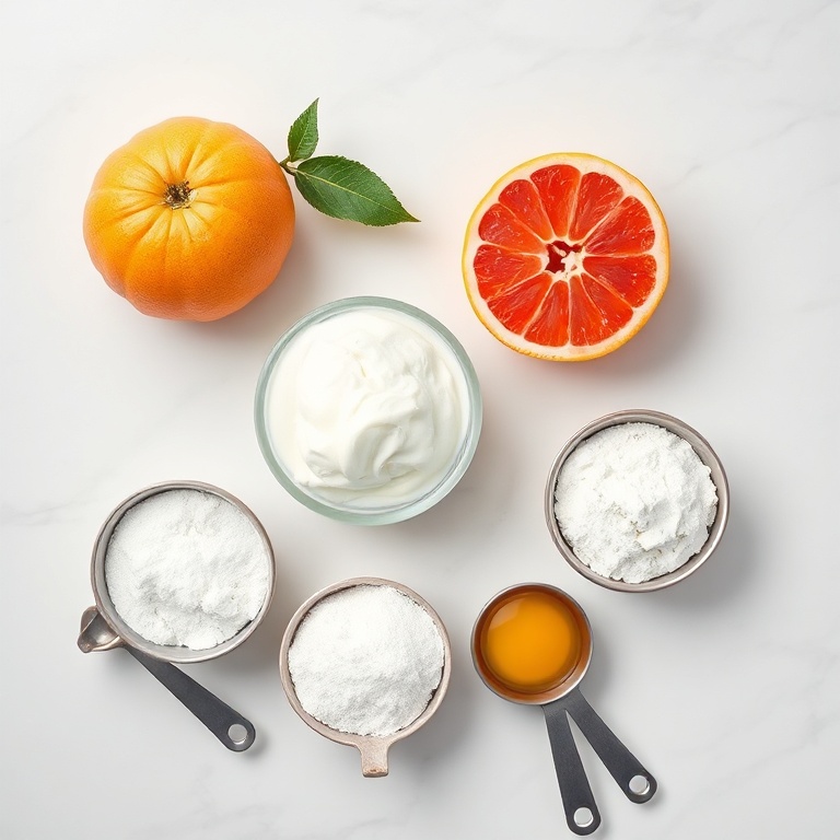 Overhead flat lay of grapefruit, yogurt, flour, sugar, baking powder, and eggs, with measuring spoons and cups, white marble surface, bright even natural light, photorealistic food photography style