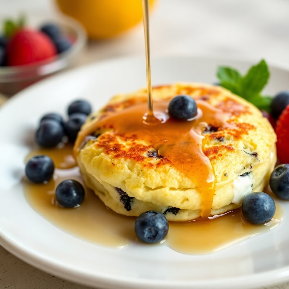 Plated lemon blueberry cottage cheese pancake bites