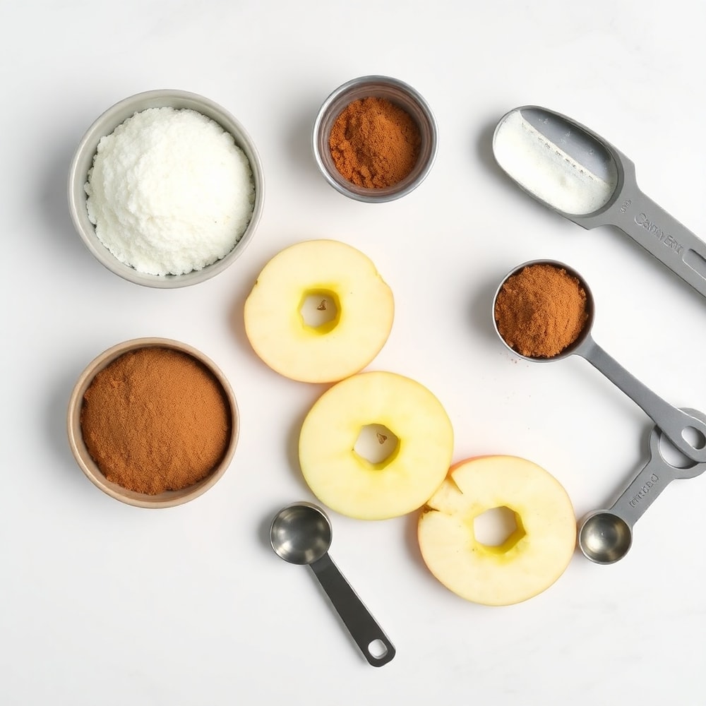 Raw ingredients for Air Fryer Cinnamon Apple Rings on a white marble surface