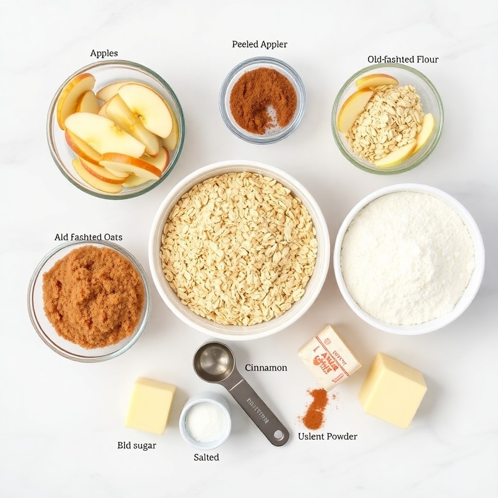 Raw ingredients for Amish Cinnamon Flop including apples, cinnamon, and oats