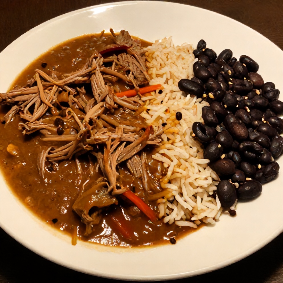 Ropa Vieja served over rice with a side of black beans