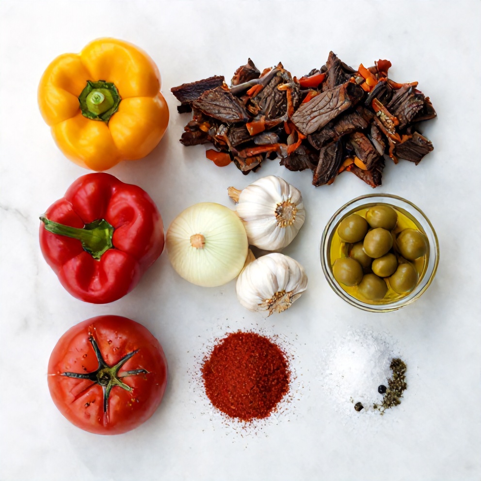 Ropa Vieja ingredients: beef, bell peppers, onions, garlic, tomatoes, olives, and spices