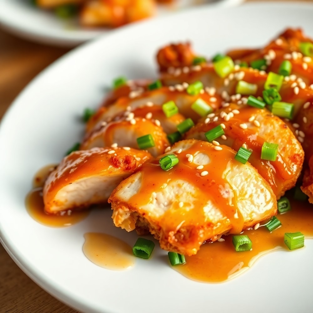 Plated Crispy Honey Garlic Chicken with green onions
